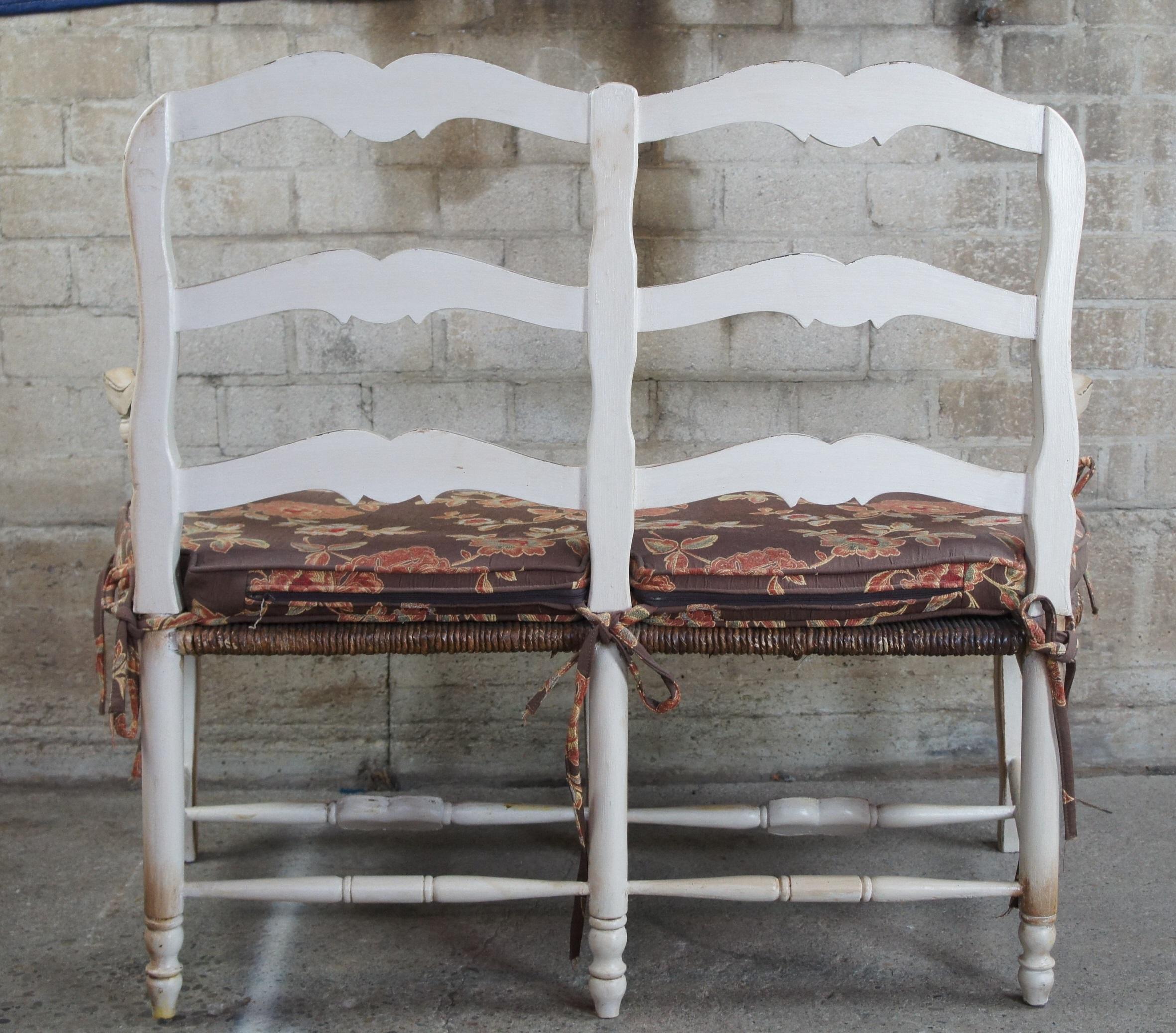 Vintage French Country Chic 2 Seater Ladderback Settee Rush Seat & Cushion 1