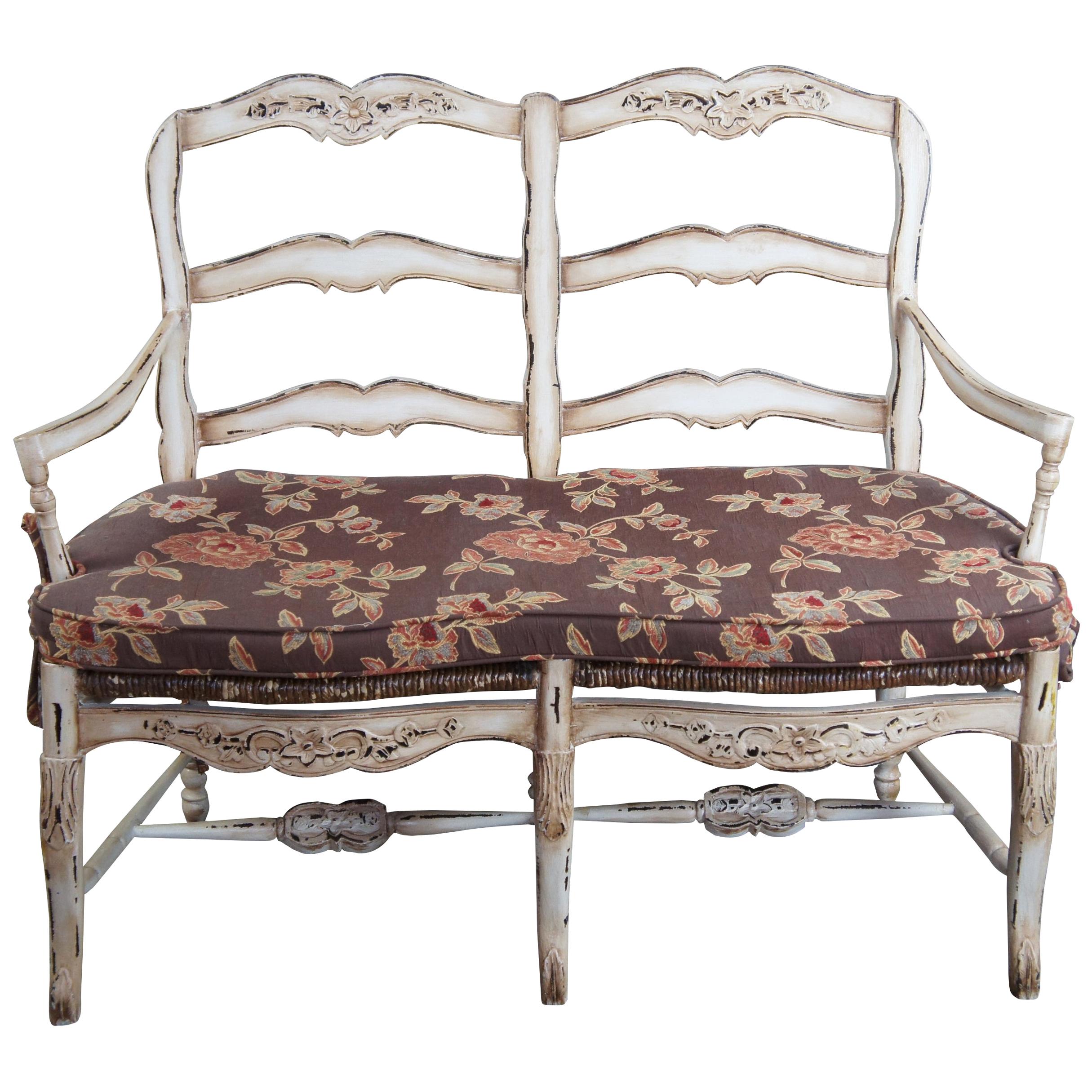 Vintage French Country Chic 2 Seater Ladderback Settee Rush Seat & Cushion