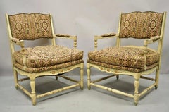 Vintage French Country Cream Distress Painted Lounge Arm Chairs & Ottoman a Pair