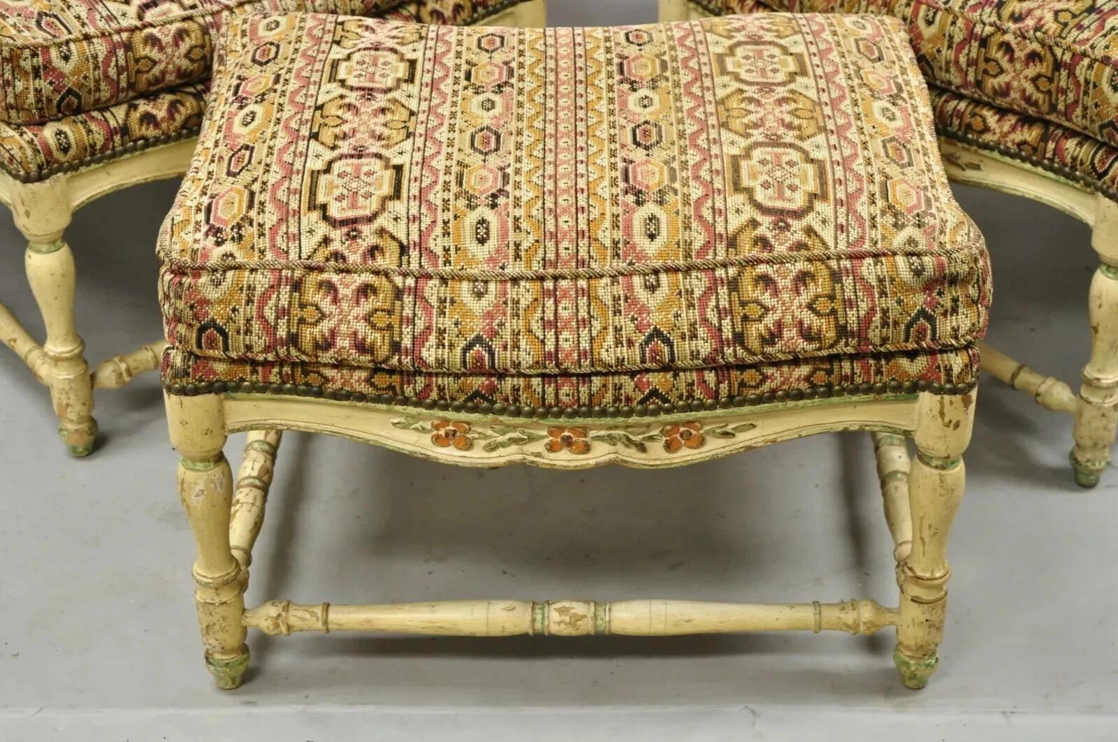 Autre Vintage French Country Cream Distress Painted Lounge Arm Chairs & Ottoman a Pair en vente