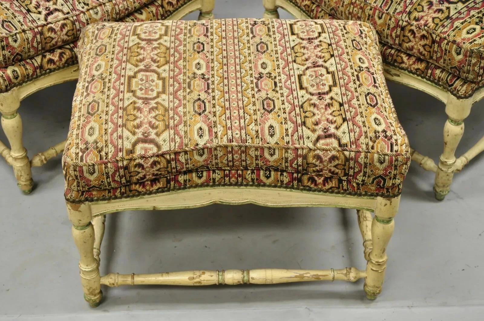 Inconnu Vintage French Country Cream Distress Painted Lounge Arm Chairs & Ottoman a Pair en vente