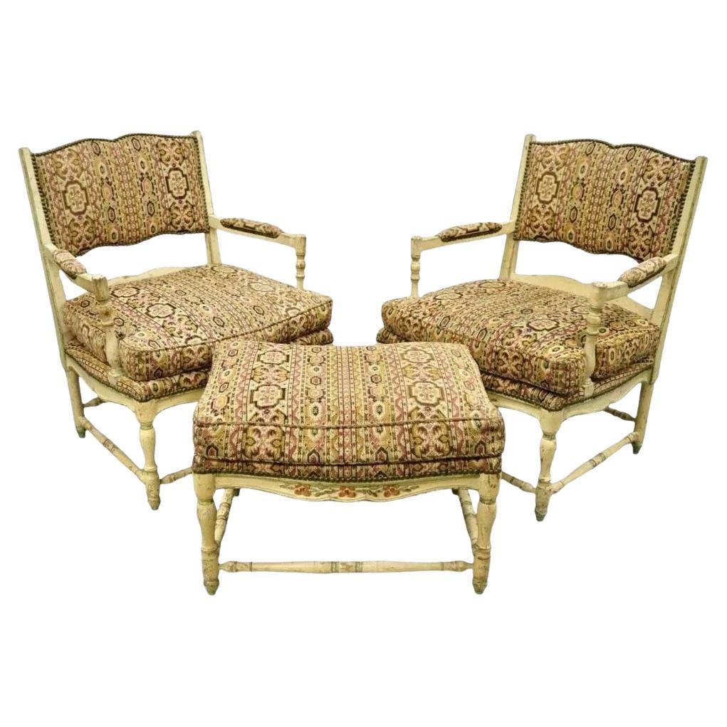 Vintage French Country Cream Distress Painted Lounge Arm Chairs & Ottoman a Pair