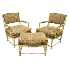 Vintage French Country Cream Distress Painted Lounge Arm Chairs & Ottoman a Pair