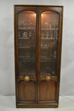 Vintage French Country Dark Cherry Wood Tall Lighted Curio Display Cabinet Pair