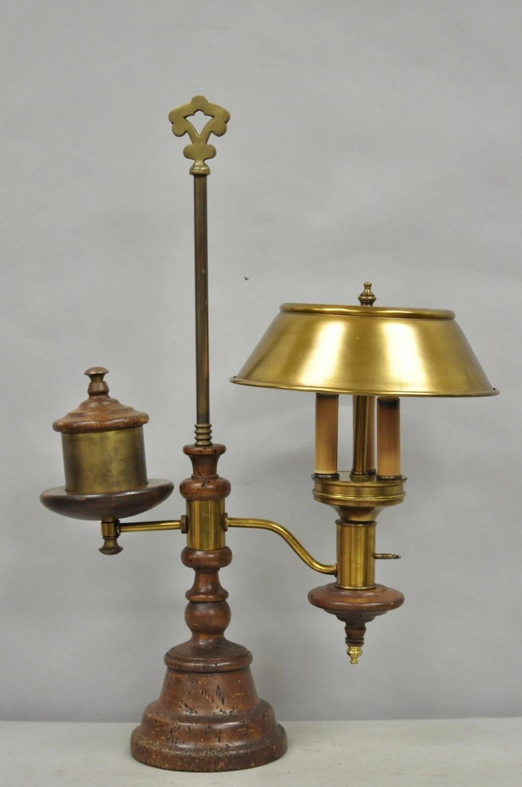 Vintage Französisch Land Distressed Holz Messing Student Schreibtischlampe w / Metall-Schatten im Angebot 6