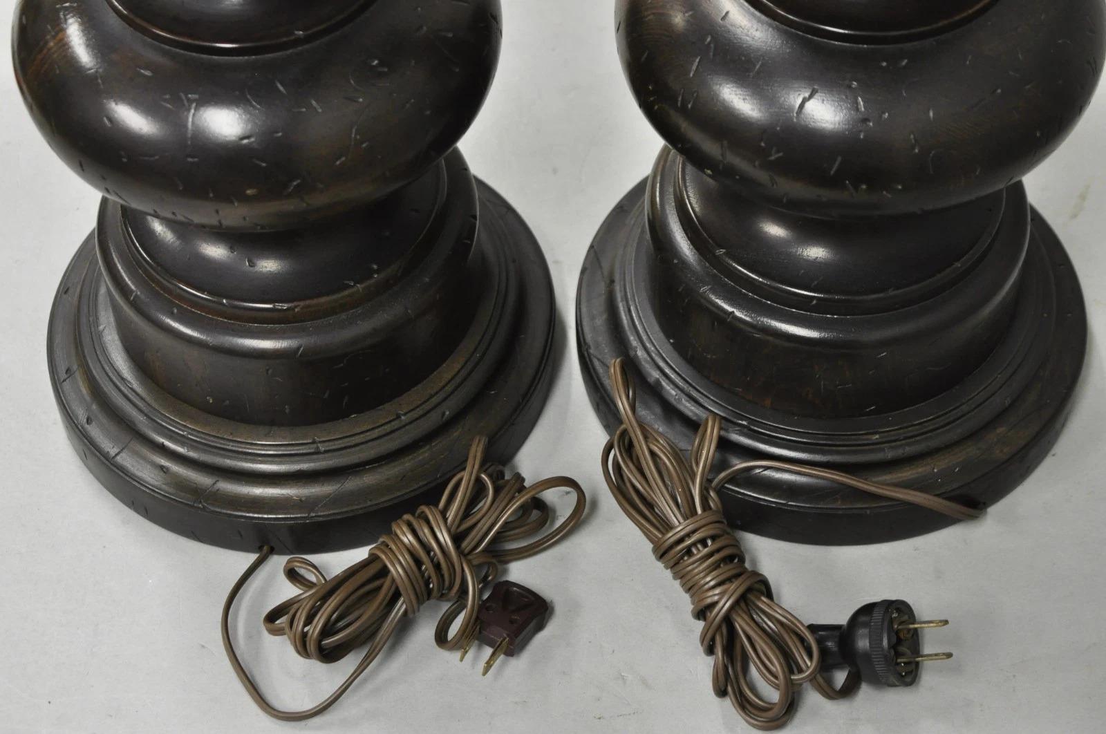 Vintage French Country Farmhouse Distressed Solid Carved Wood Table Lamps - Pair For Sale 4
