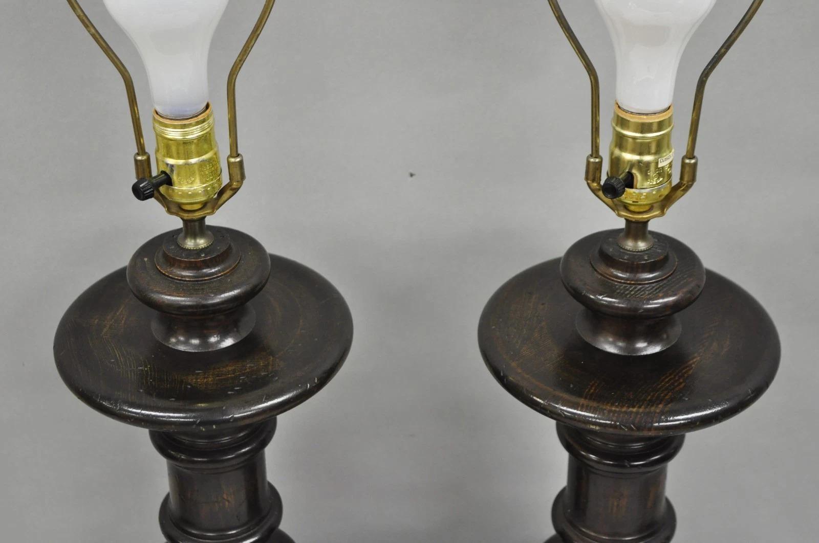 Vintage French Country Farmhouse Distressed Solid Carved Wood Table Lamps - Pair For Sale 5