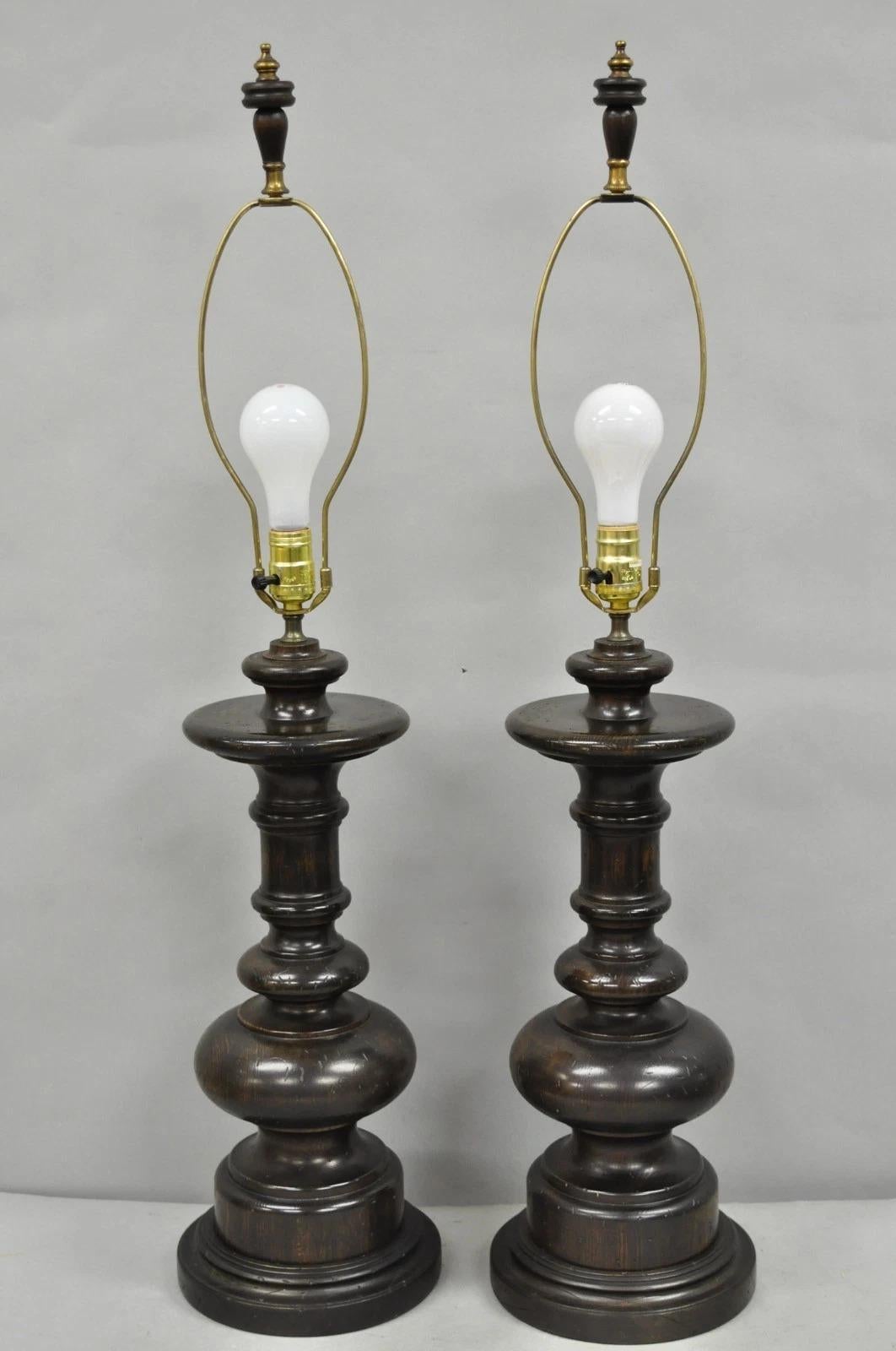Vintage French Country Farmhouse Distressed Solid Carved Wood Table Lamps - Pair For Sale 6