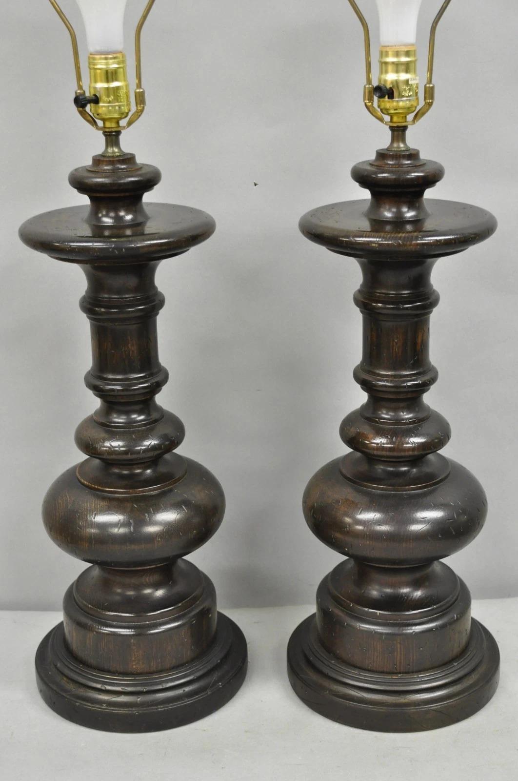 Other Vintage French Country Farmhouse Distressed Solid Carved Wood Table Lamps - Pair For Sale