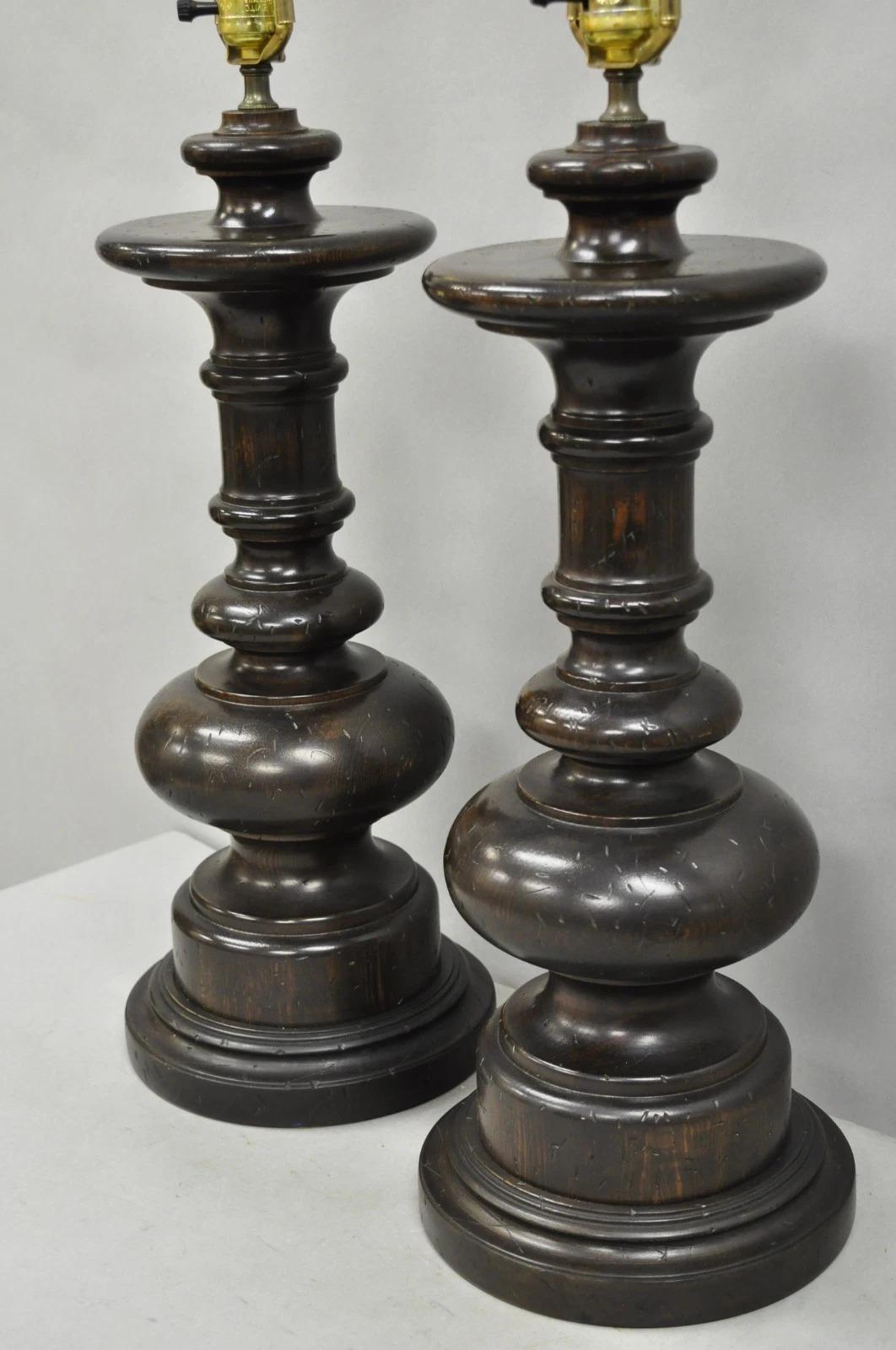 Unknown Vintage French Country Farmhouse Distressed Solid Carved Wood Table Lamps - Pair For Sale