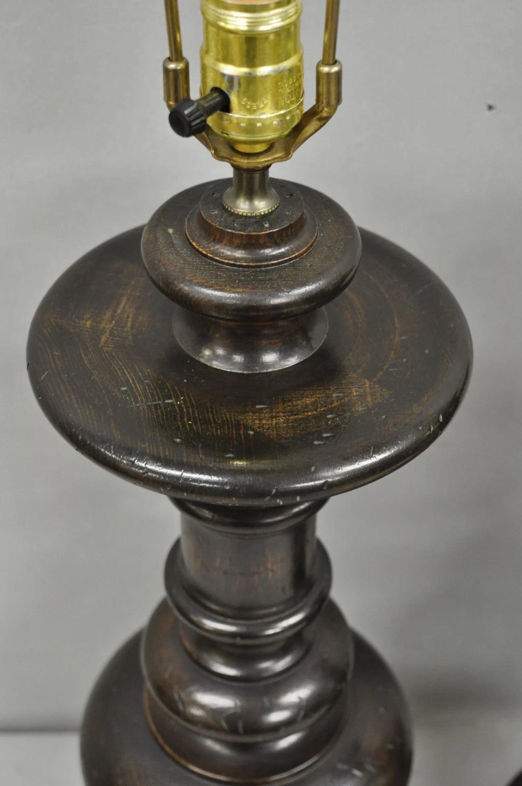 Vintage French Country Farmhouse Distressed Solid Carved Wood Table Lamps - Pair In Good Condition For Sale In Philadelphia, PA