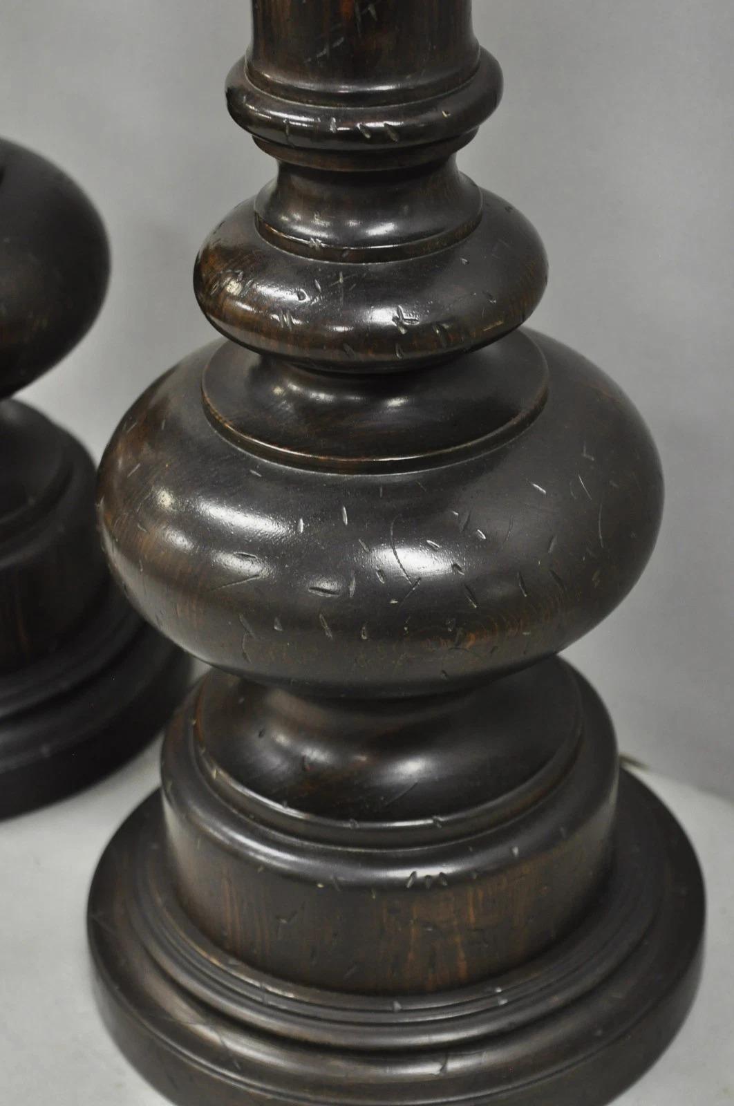 20th Century Vintage French Country Farmhouse Distressed Solid Carved Wood Table Lamps - Pair For Sale