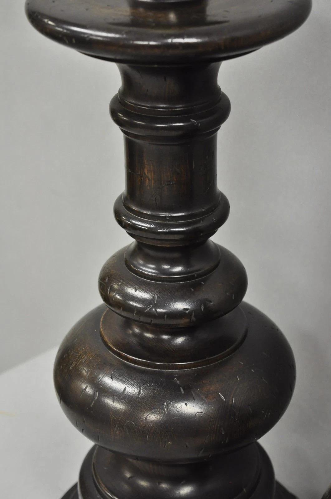 Vintage French Country Farmhouse Distressed Solid Carved Wood Table Lamps - Pair For Sale 1