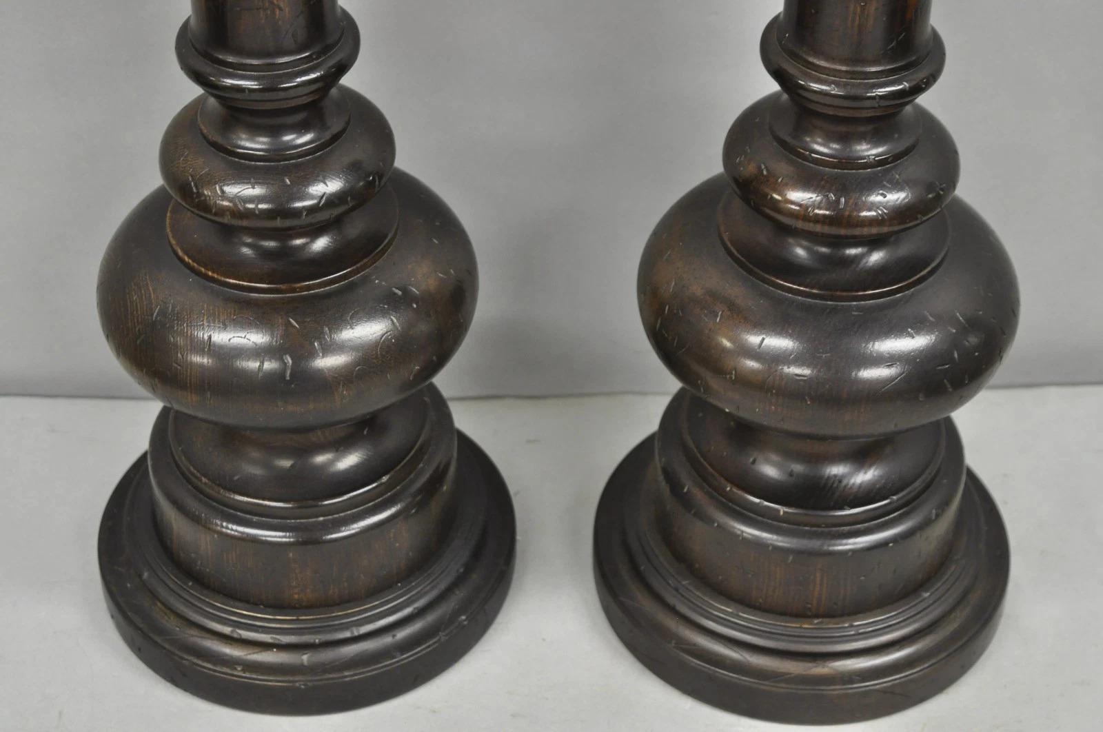 Vintage French Country Farmhouse Distressed Solid Carved Wood Table Lamps - Pair For Sale 2