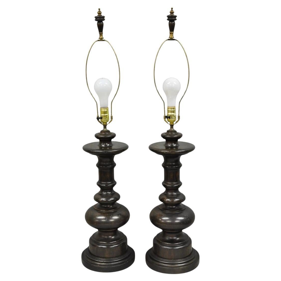 Vintage French Country Farmhouse Distressed Solid Carved Wood Table Lamps - Pair For Sale