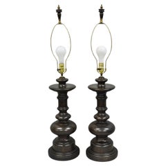 Vintage French Country Farmhouse Distressed Solid Carved Wood Table Lamps - Pair