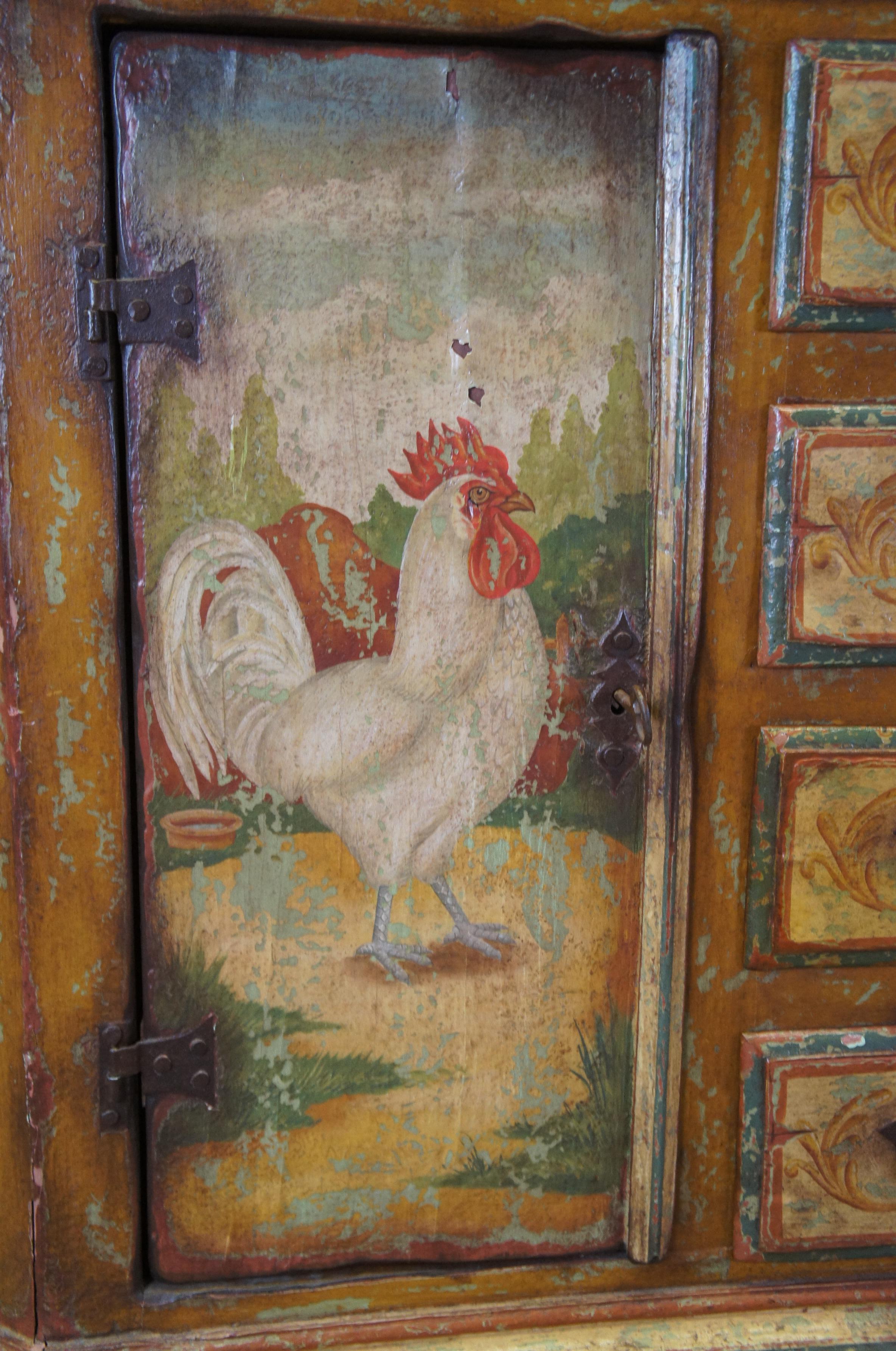 Vintage French Country Farmhouse Hand Painted Rooster Credenza Sideboard Console For Sale 1