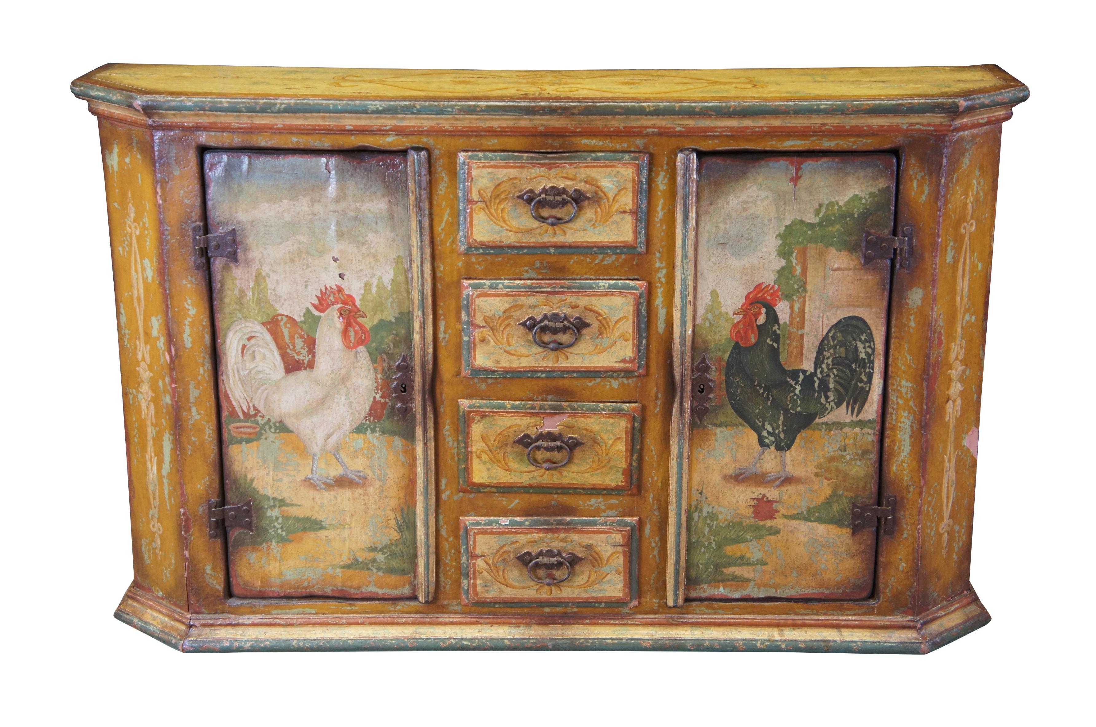 A stylish modern tuscan farmhouse credenza, circa last quarter 20th century.  Inspired by Old World French Country styling.  The slender case is made from heavy hardwood featuring 4 central drawers flanked by outer cabinets.  Outer doors open to a