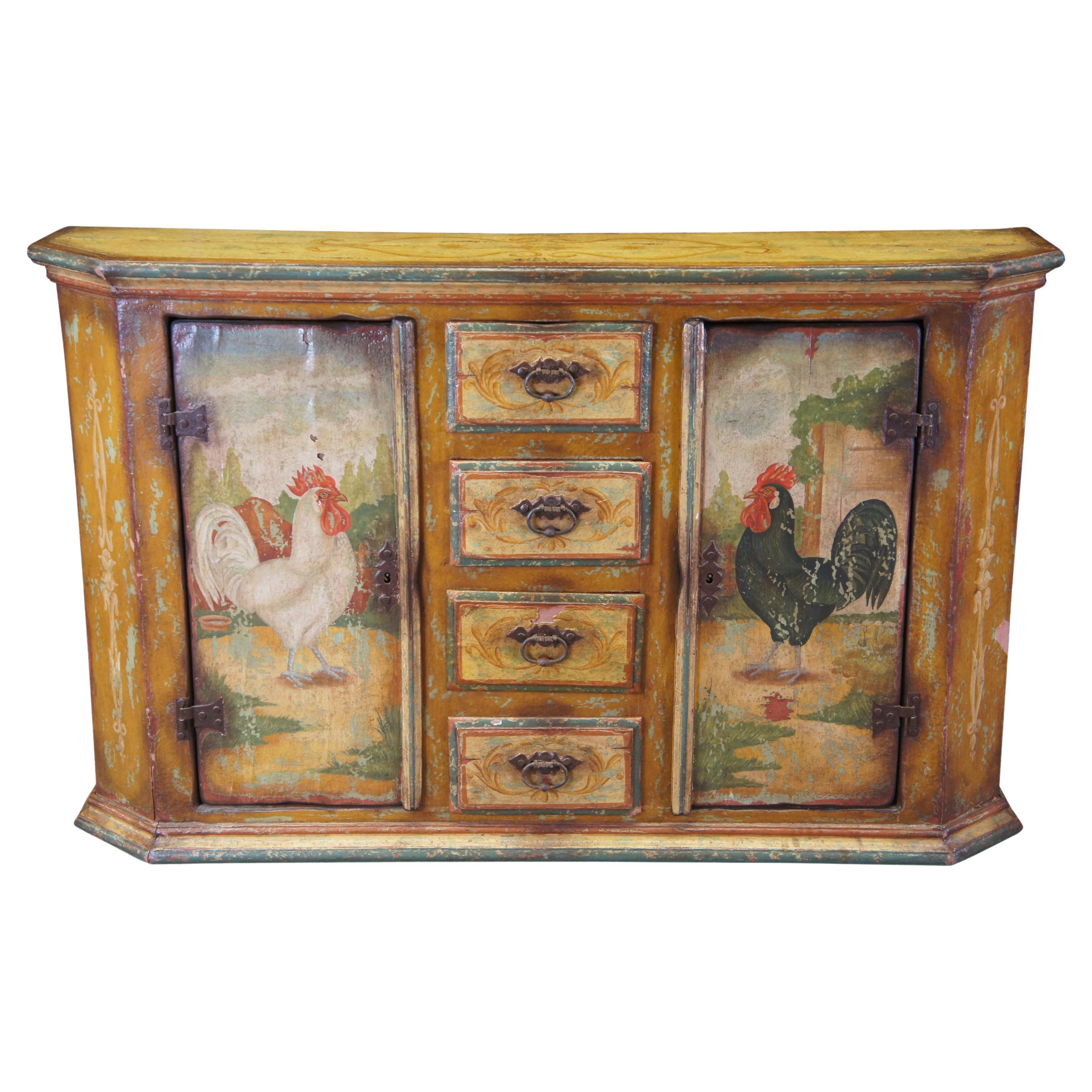 Vintage French Country Farmhouse Hand Painted Rooster Credenza Sideboard Console For Sale