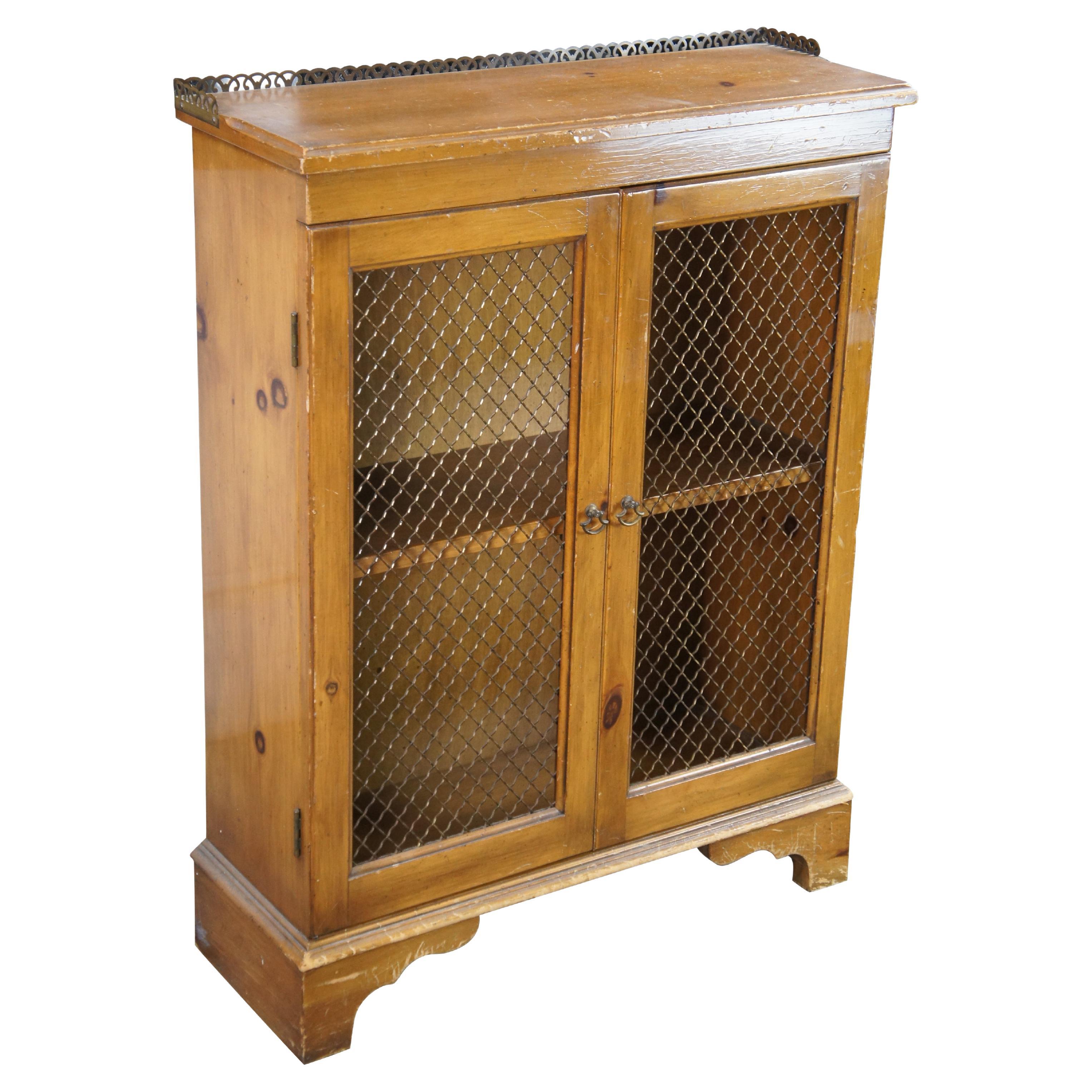 Vintage French Country Farmhouse Pine Chicken Wire Bookcase Curio Cabinet 33" For Sale