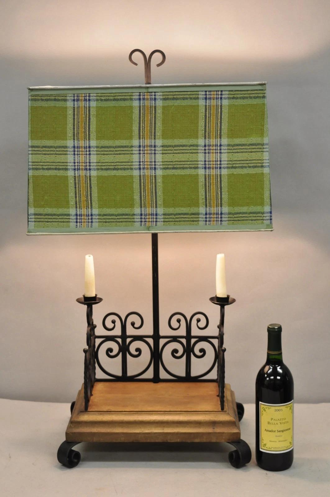 Vintage French Country Gothic Renaissance Scrolling Wrought Iron and Distressed Wood Italian Table Lamp With Tole Metal Green Plaid Fabric Shade With Tole Metal Green Plaid Fabric Shade. Circa Late 20th Century. Dimensions : 32