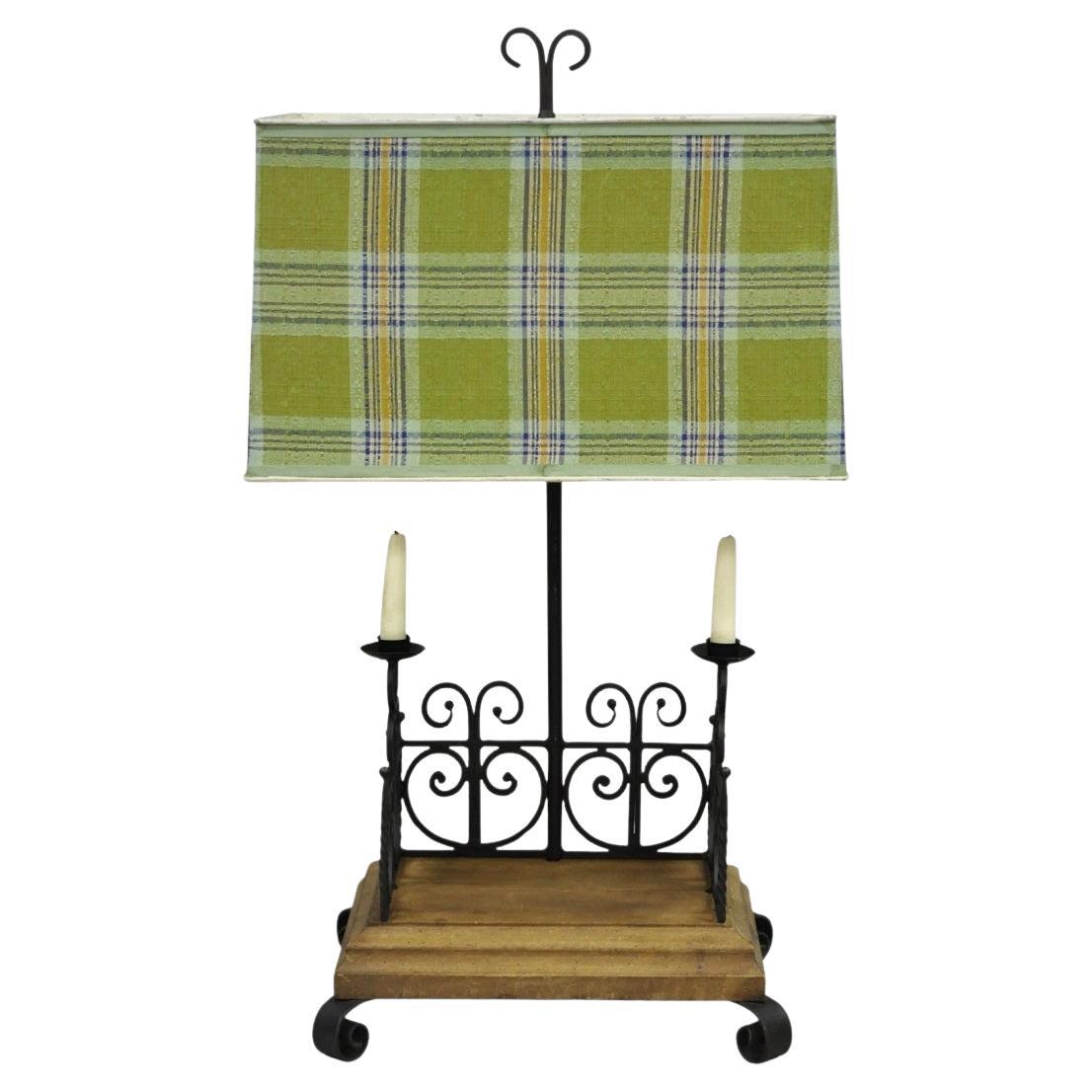 Vintage French Country Gothic Renaissance Scrolling Wrought Iron Wood Table Lamp