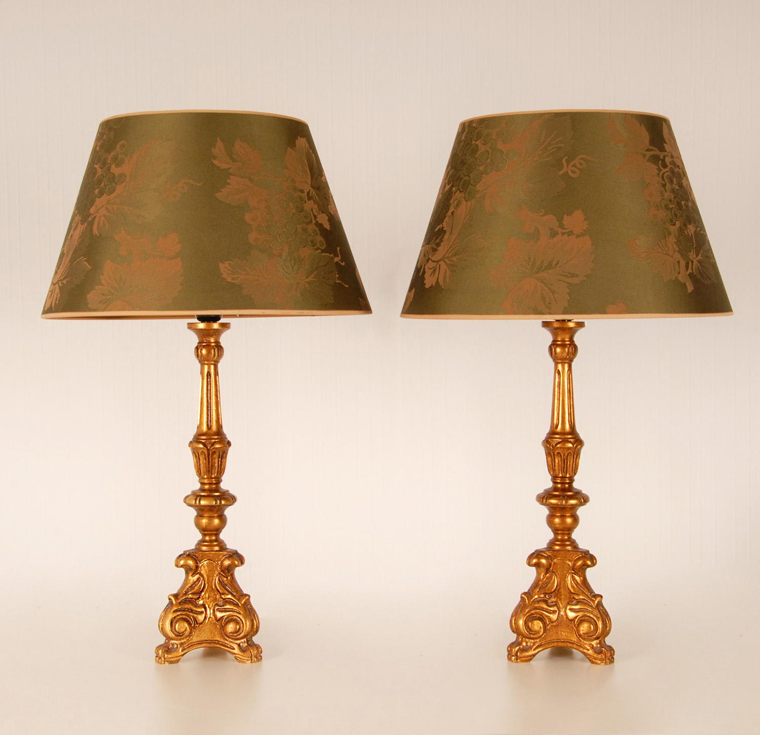 Vintage French Country Style Gold Giltwood Green Baroque Table Lamps, a Pair 1