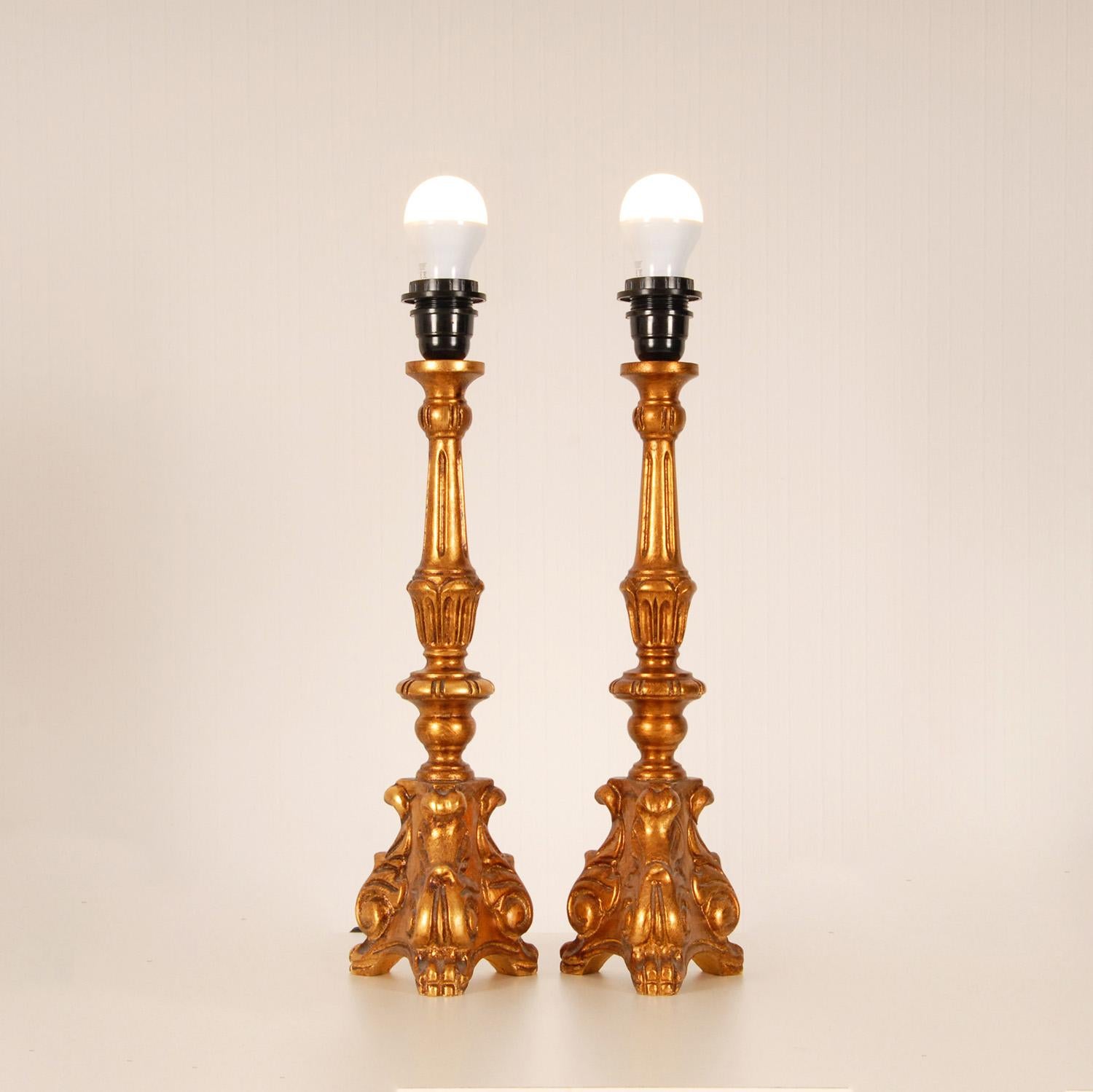 20th Century Vintage French Country Style Gold Giltwood Green Baroque Table Lamps, a Pair For Sale
