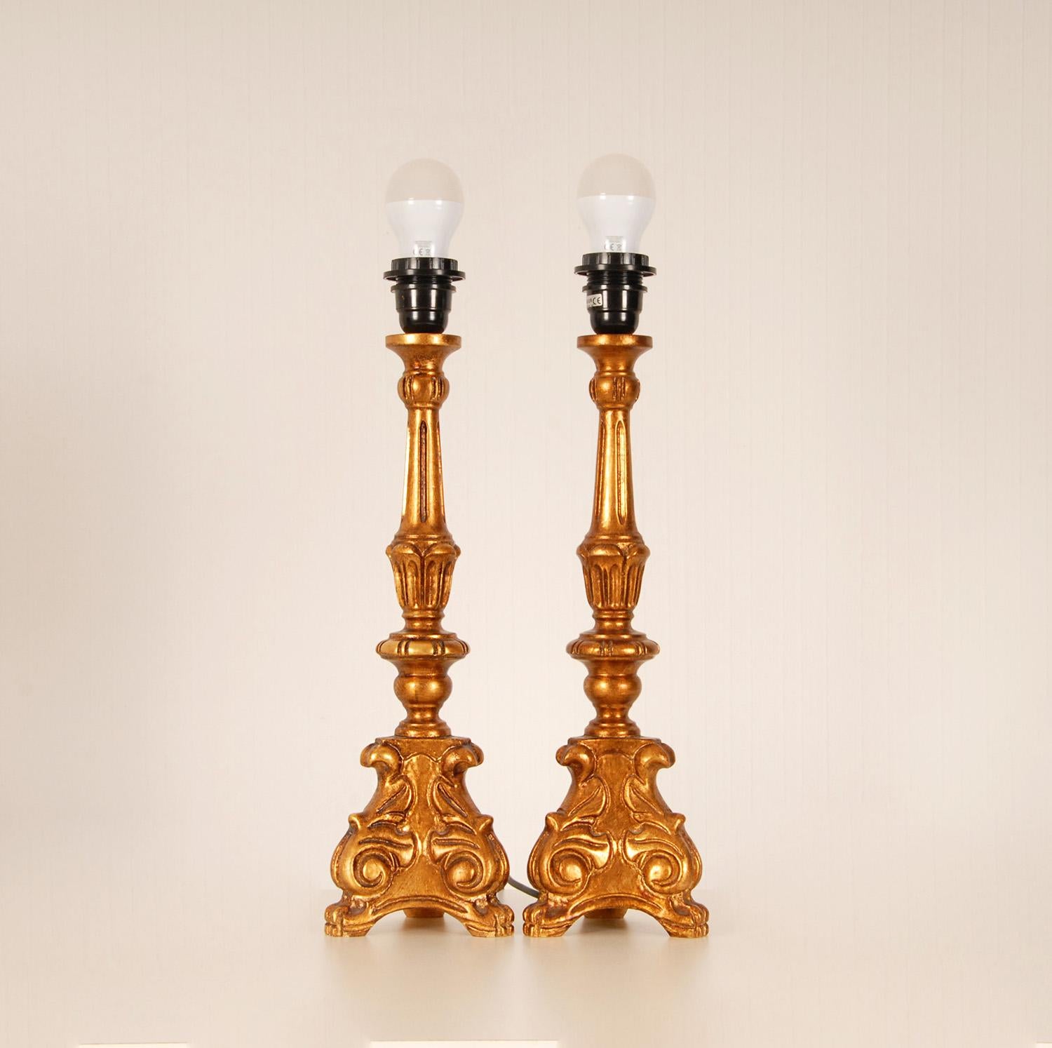 Silk Vintage French Country Style Gold Giltwood Green Baroque Table Lamps, a Pair For Sale