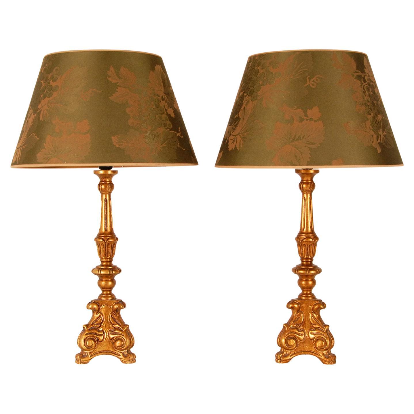 Vintage French Country Style Gold Giltwood Green Baroque Table Lamps, a Pair