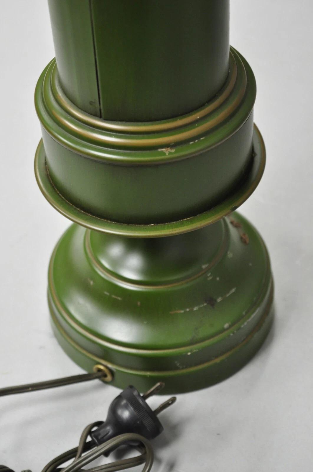 Vintage French Country Green Tole Metal Tall Lantern Table Lamp with Shade For Sale 4