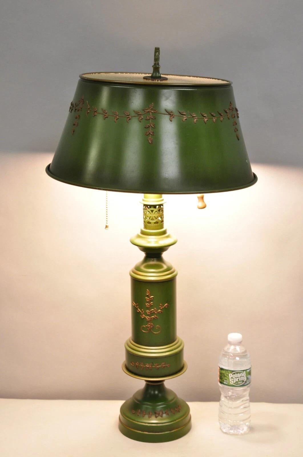 Vintage French Country Green Tole Metal Tall Lantern Table Lamp with Shade. Circa Mid 20th Century. Measurements: 30