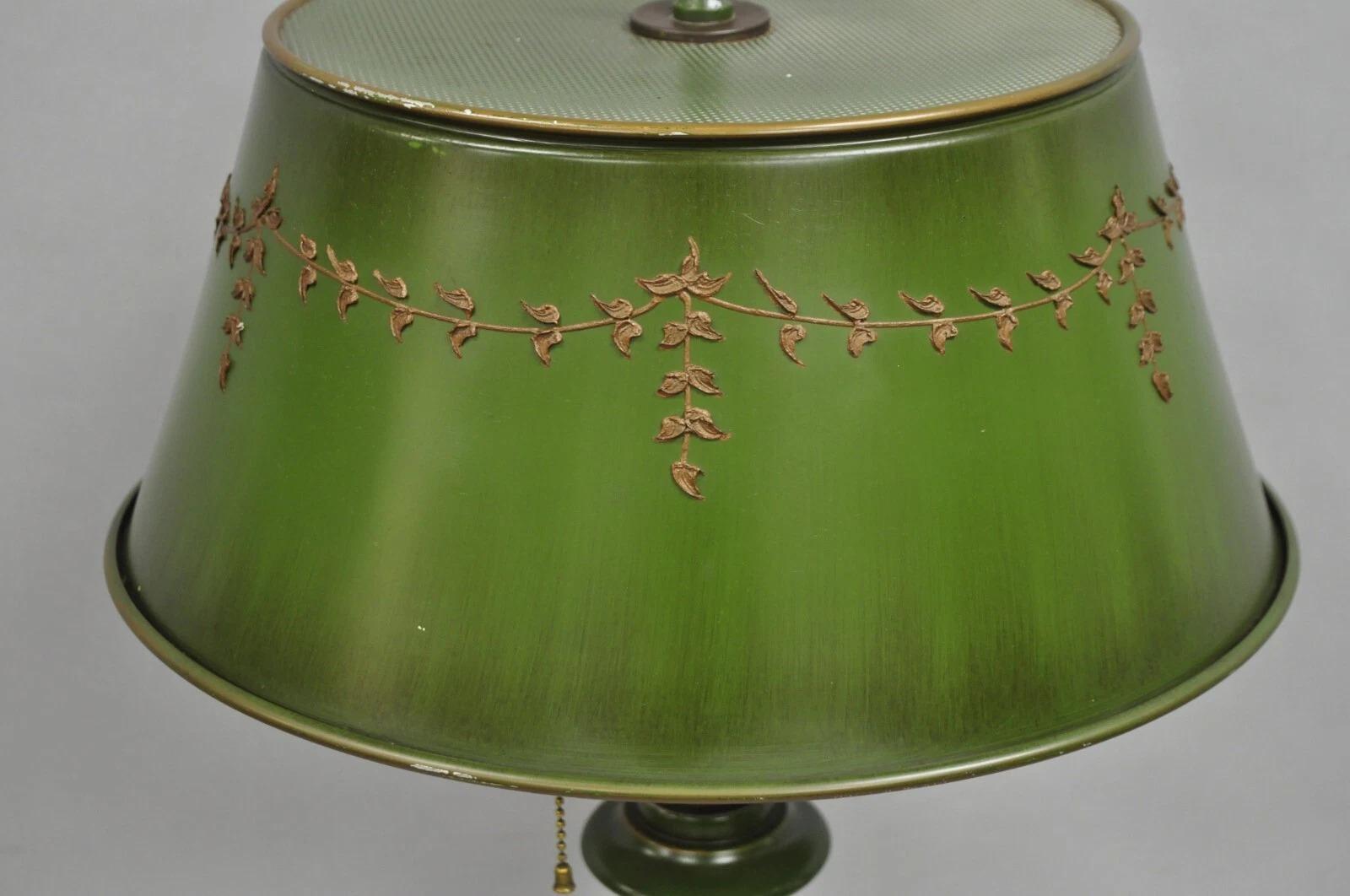 Other Vintage French Country Green Tole Metal Tall Lantern Table Lamp with Shade For Sale