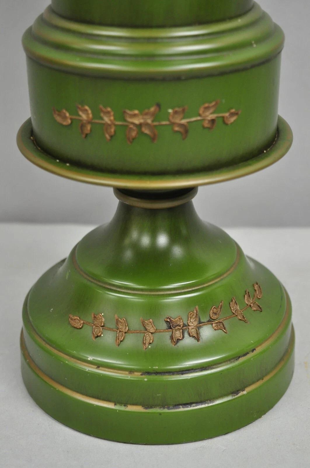 20th Century Vintage French Country Green Tole Metal Tall Lantern Table Lamp with Shade For Sale