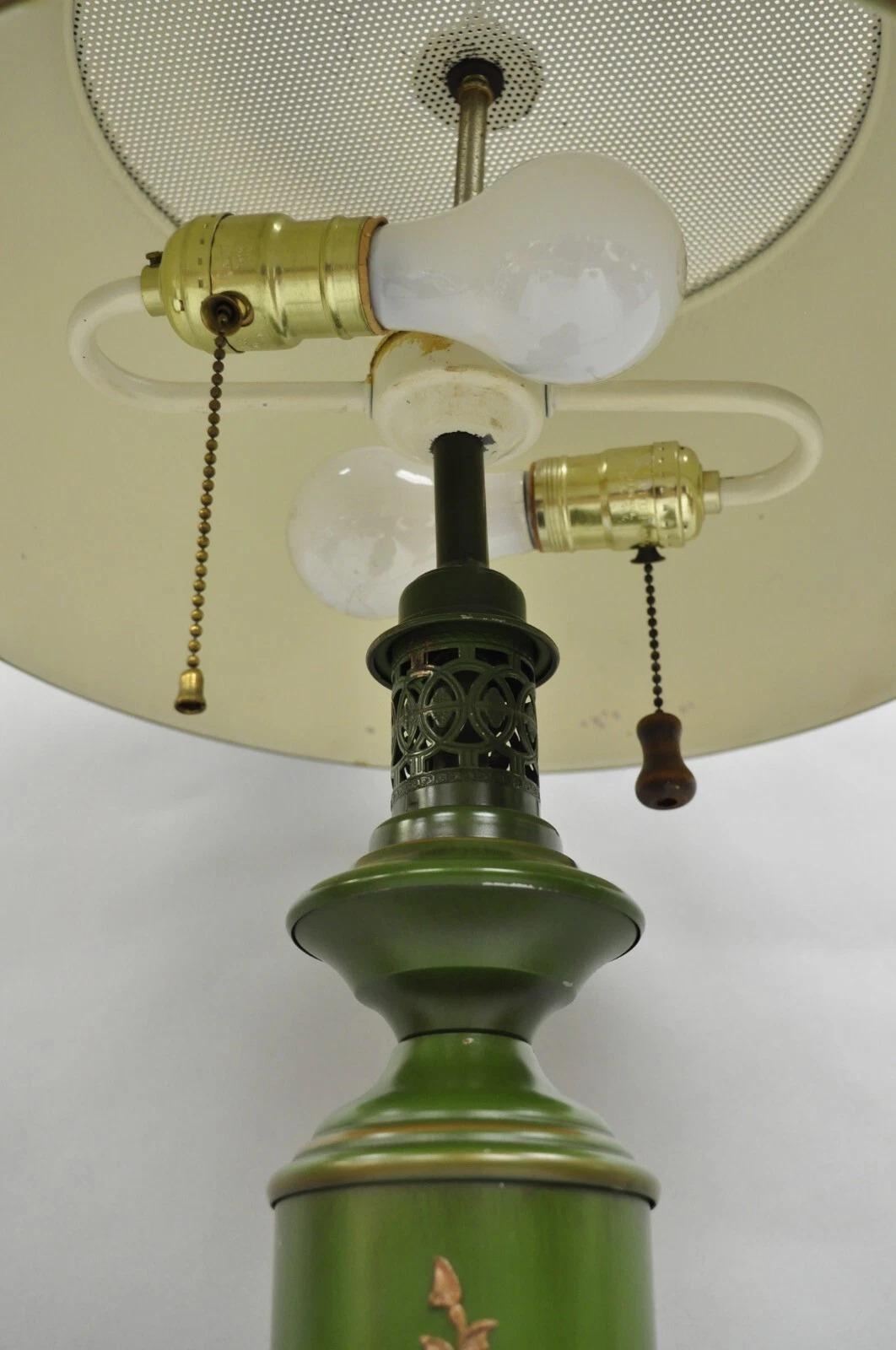 Vintage French Country Green Tole Metal Tall Lantern Table Lamp with Shade For Sale 1