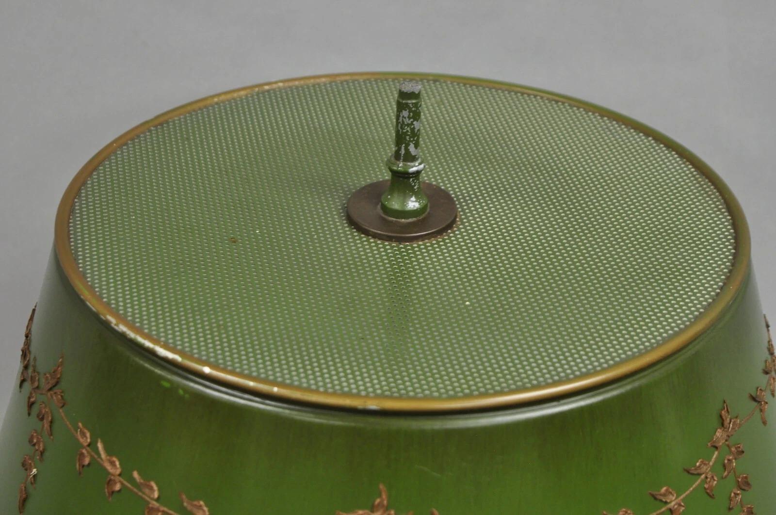 Vintage French Country Green Tole Metal Tall Lantern Table Lamp with Shade For Sale 2