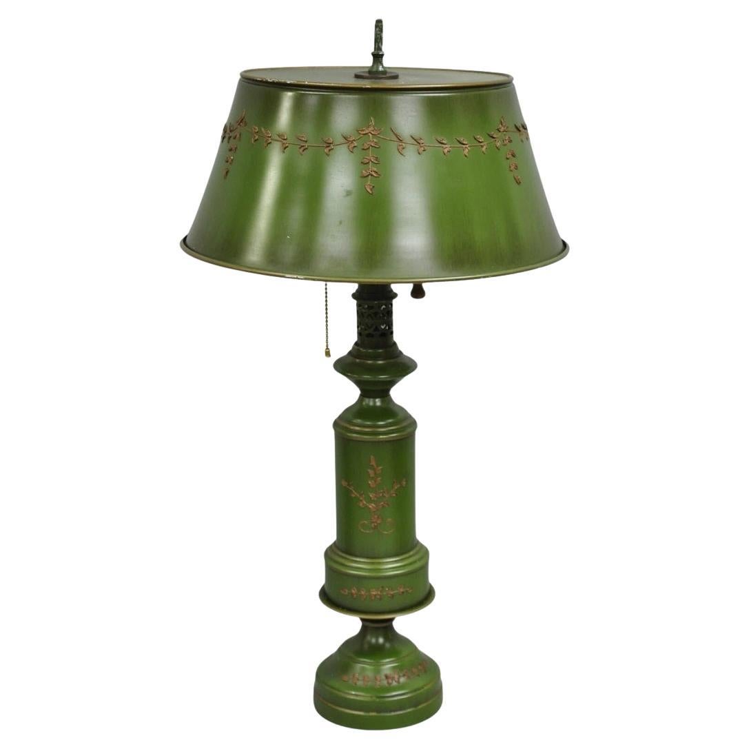 Vintage French Country Green Tole Metal Tall Lantern Table Lamp with Shade For Sale