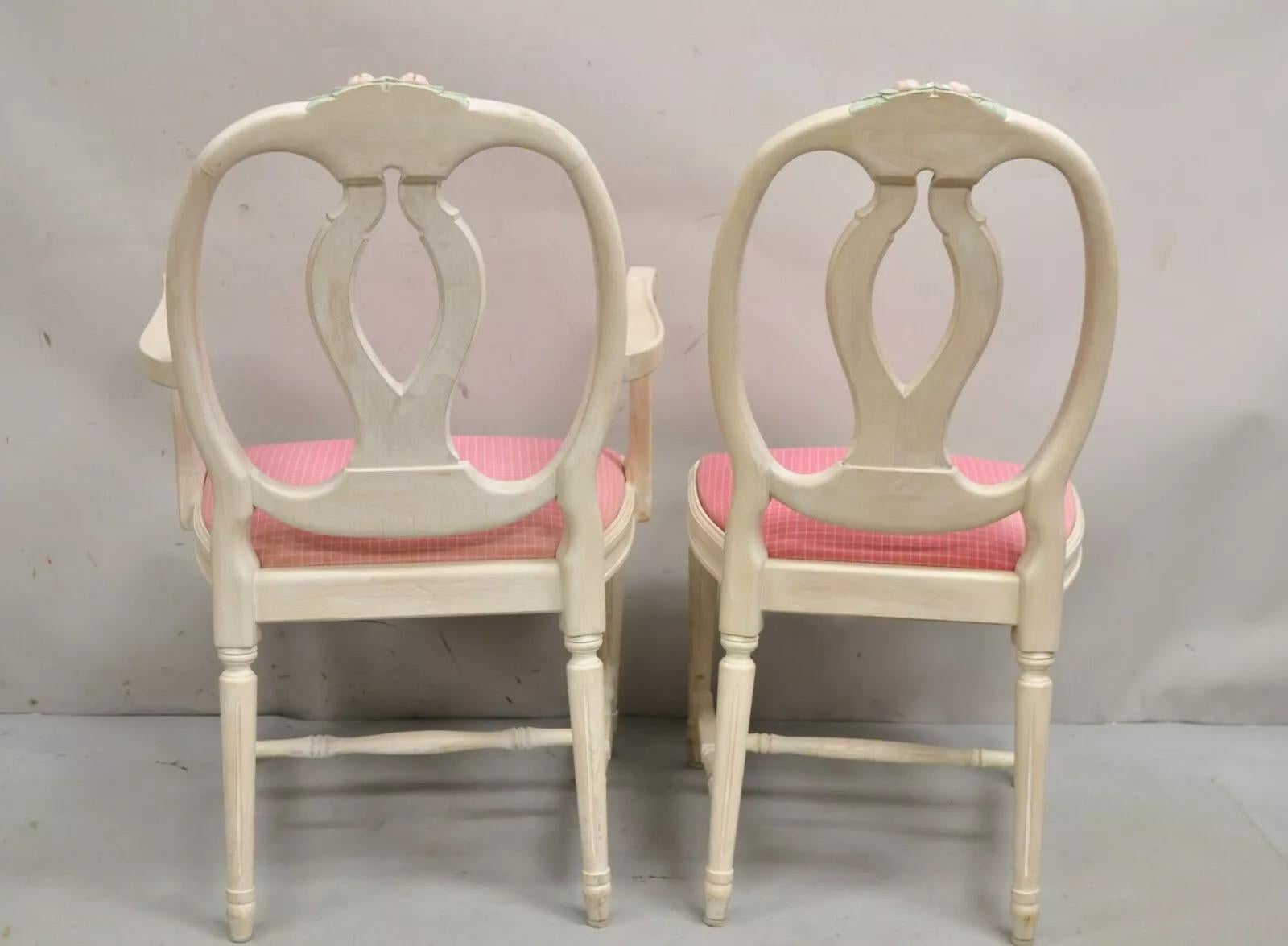 Vintage French Country Gustavian Cerused Pink Rose Dining Chairs - Set of 8 For Sale 3