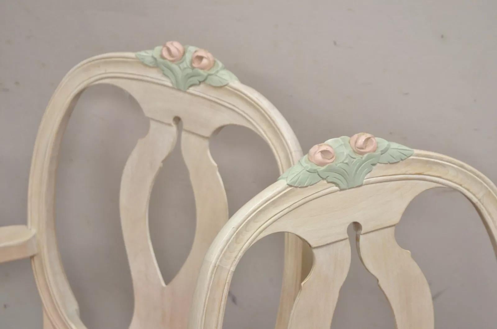 Vintage French Country Gustavian Cerused Pink Rose Dining Chairs - Set of 8 For Sale 4