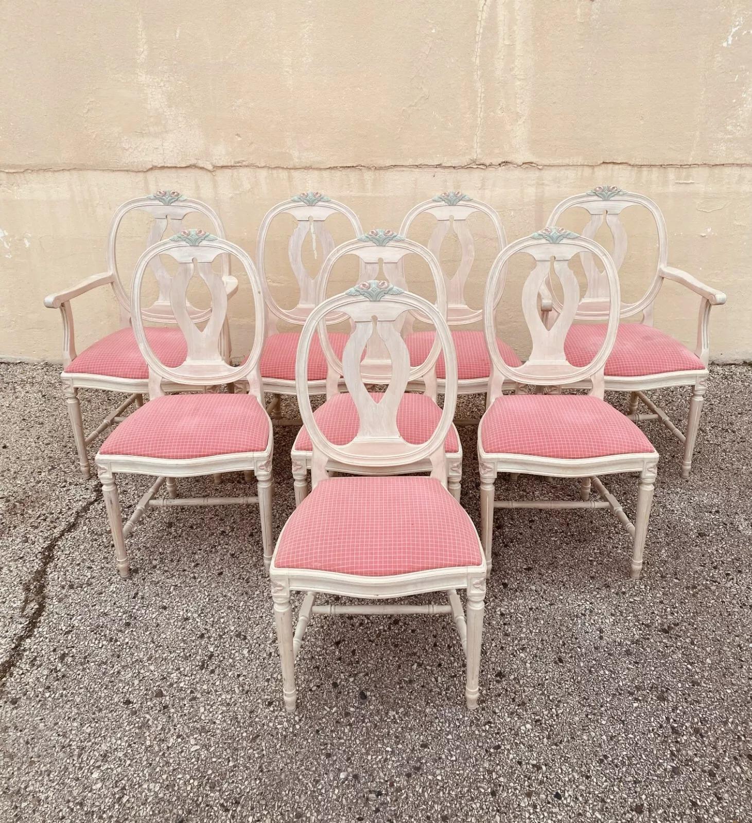 Vintage French Country Gustavian Cerused Pink Rose Dining Chairs - Set of 8 For Sale 5