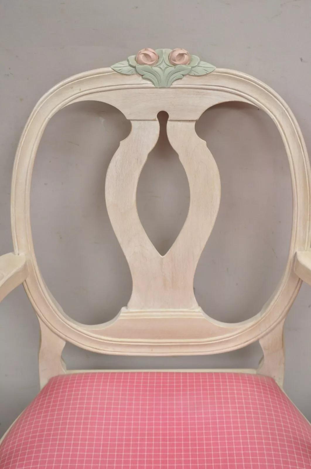Other Vintage French Country Gustavian Cerused Pink Rose Dining Chairs - Set of 8 For Sale