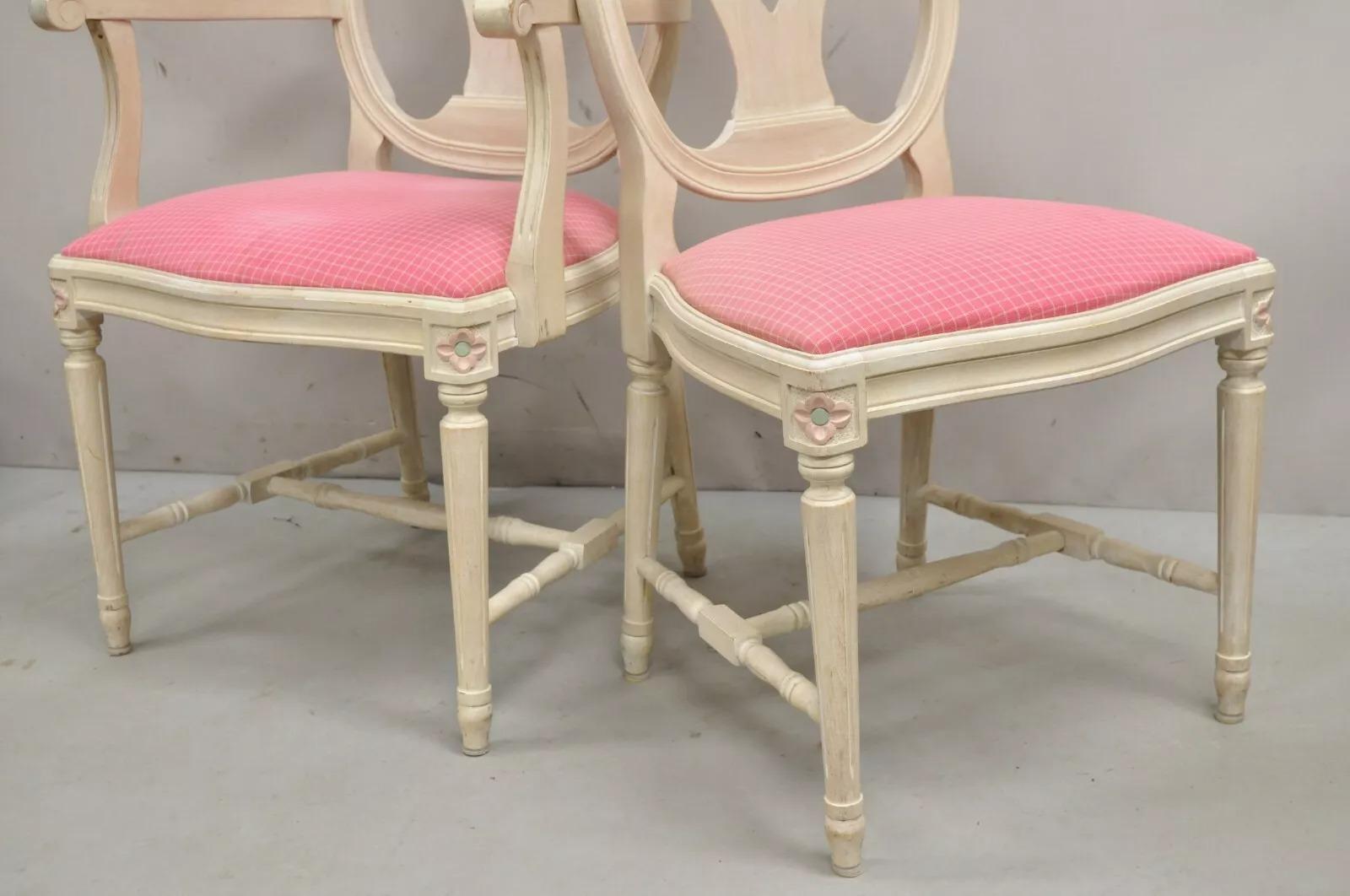 Vintage French Country Gustavian Cerused Pink Rose Dining Chairs - Set of 8 In Good Condition For Sale In Philadelphia, PA