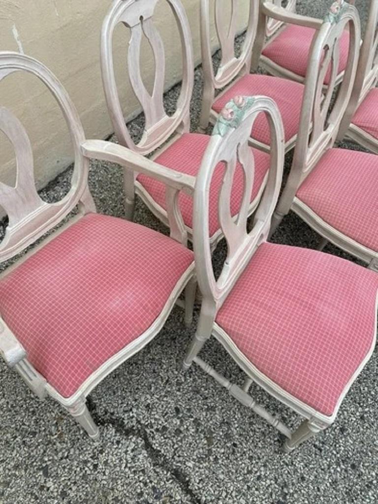 Wood Vintage French Country Gustavian Cerused Pink Rose Dining Chairs - Set of 8 For Sale
