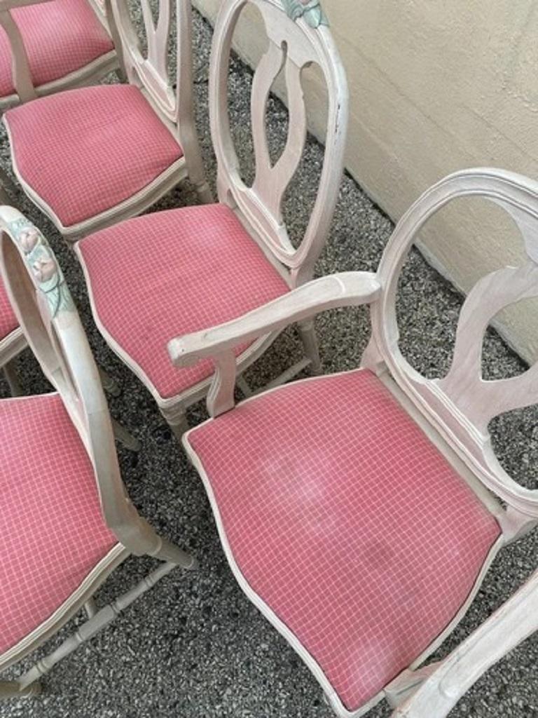 Vintage French Country Gustavian Cerused Pink Rose Dining Chairs - Set of 8 For Sale 1