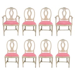 Vintage French Country Gustavian Cerused Pink Rose Dining Chairs - Set of 8
