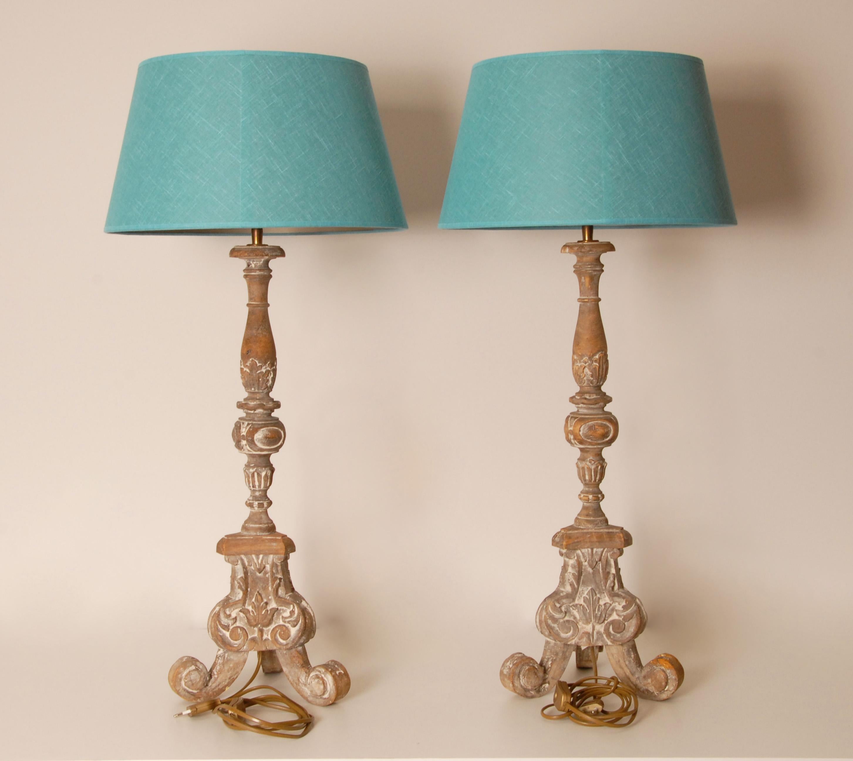 Country Paire d'abat-jour en lin turquoise Wood Wood Vintage en vente