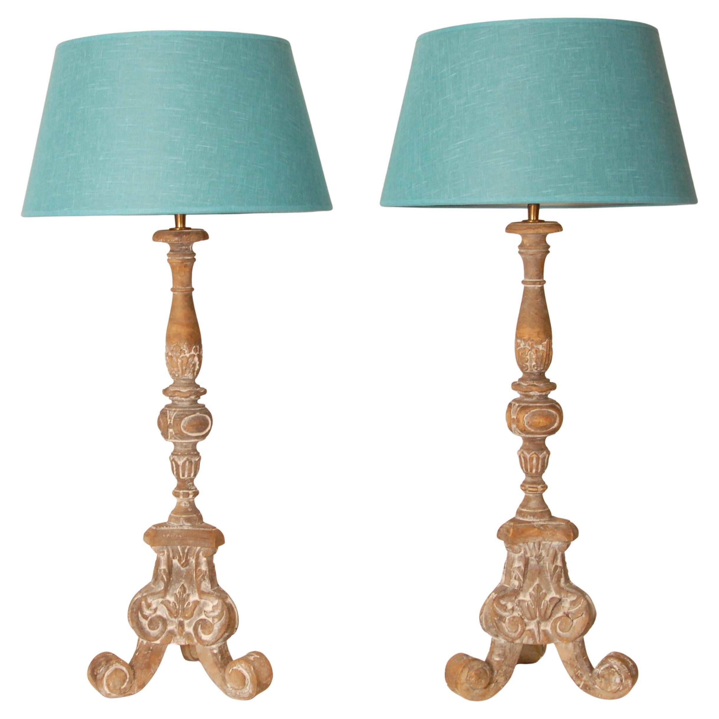 Vintage French Table Lamps Wood Country style Turquoise Linen Lampshades a Pair For Sale