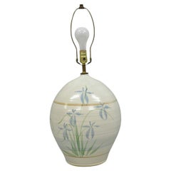Vintage French Country Large Blue Flower Stoneware Pottery Vase Table Lamp