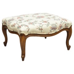 Vintage French Country Louis XV Carved Walnut Pink Floral Footstool Ottoman