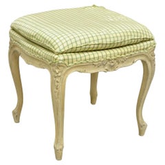 Vintage French Country Louis XV Cream Distress Painted Wood Stool Ottoman